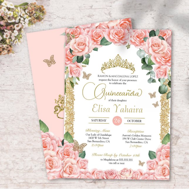Invitation Papillon Pêche Rose floral et Quinceanera d'or (Créateur téléchargé)
