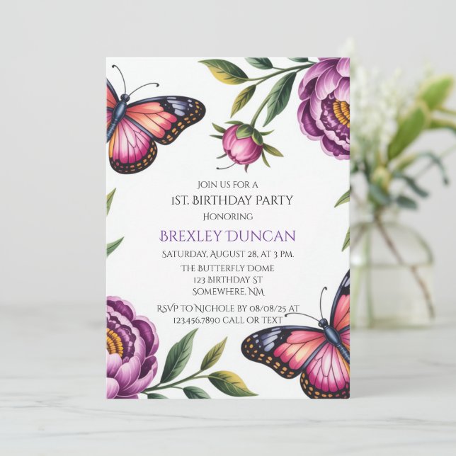 Invitation Papillon & Peony Girl 1er. Fête d'anniversaire (Debout devant)