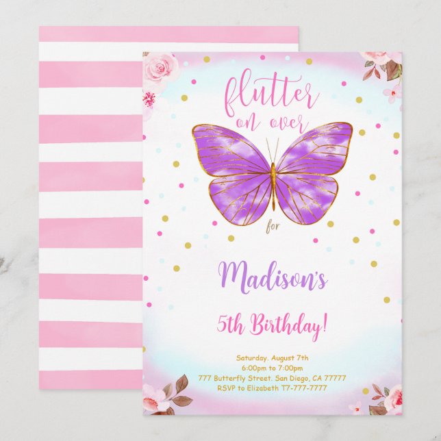Invitation papillon pour 5ème anniversaire (Devant / Derrière)