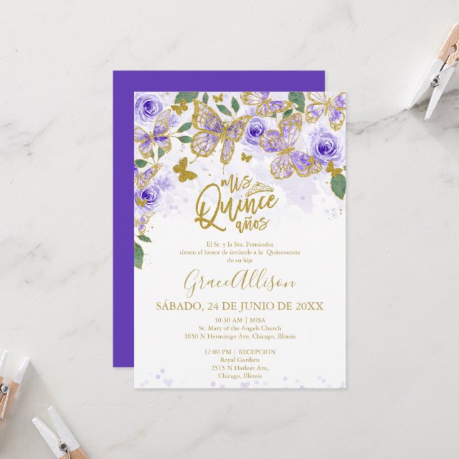 Invitation Papillon pour Quinceanera avec Texte Es (Devant/Arrière en situation)