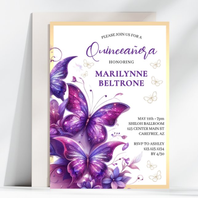 Invitation Papillon pourpre en or Quinceañera (Créateur téléchargé)