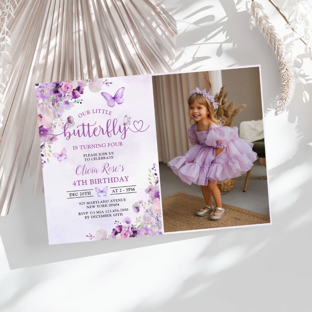 Invitation Papillon pourpre Floral Girl Anniversaire Photo (Créateur téléchargé)