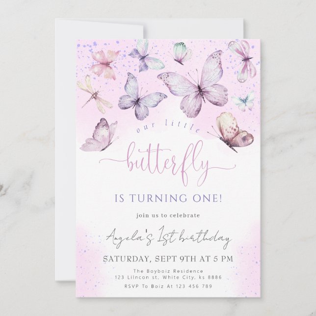Invitation Papillon pourpre Notre petit Baby shower papillon (Devant)