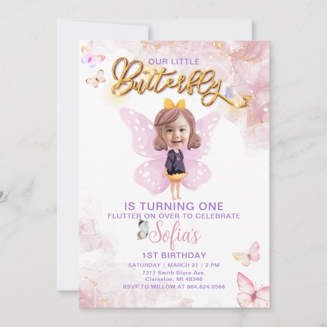 Invitation Papillon Premier anniversaire fille 1ère invitatio (Devant)