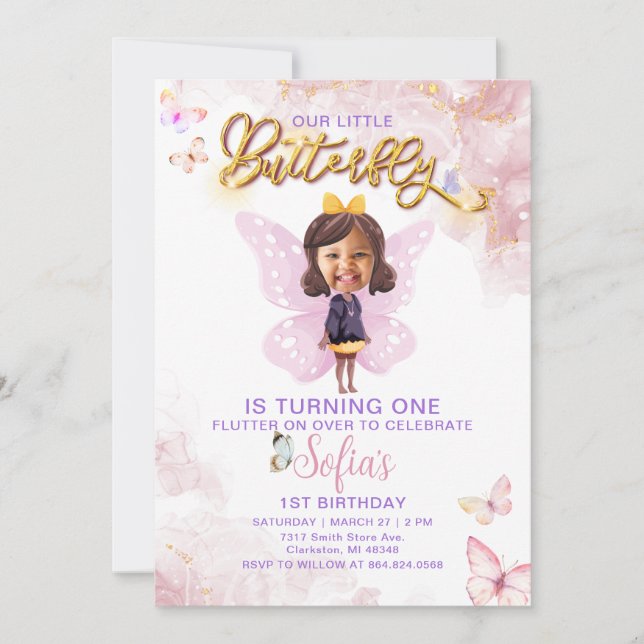 Invitation Papillon Premier anniversaire fille 1ère invitatio (Devant)