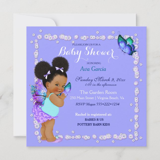 Invitation Papillon Princesse Bébé Fille Violet Turquoise Inv (Devant)