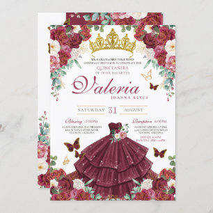 Invitation Papillon princesse Bourgogne Roses rouges Quinceañ