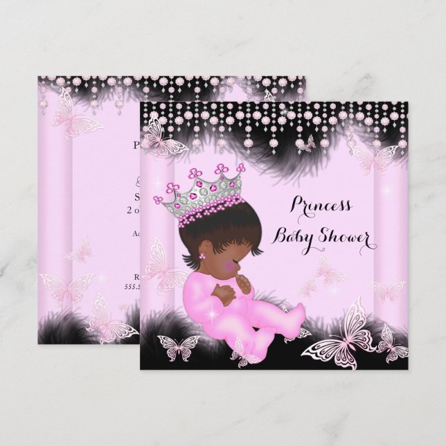 Invitation Papillon Princesse Rose Noir Fête de Naissance Eth (Devant / Derrière)