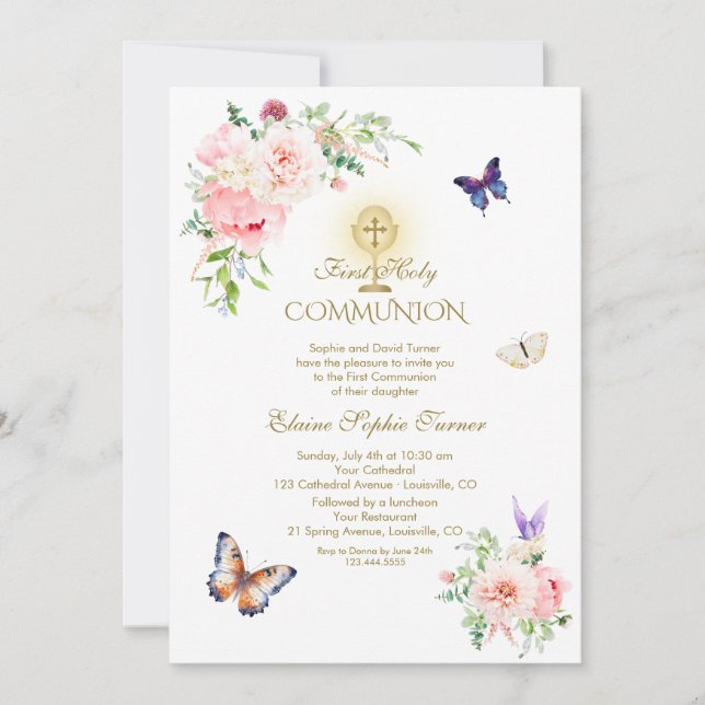 Invitation Papillon Printemps Blush Floral Or Sainte Communio (Devant)