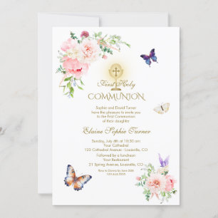 Invitation Papillon Printemps Blush Floral Or Sainte Communio