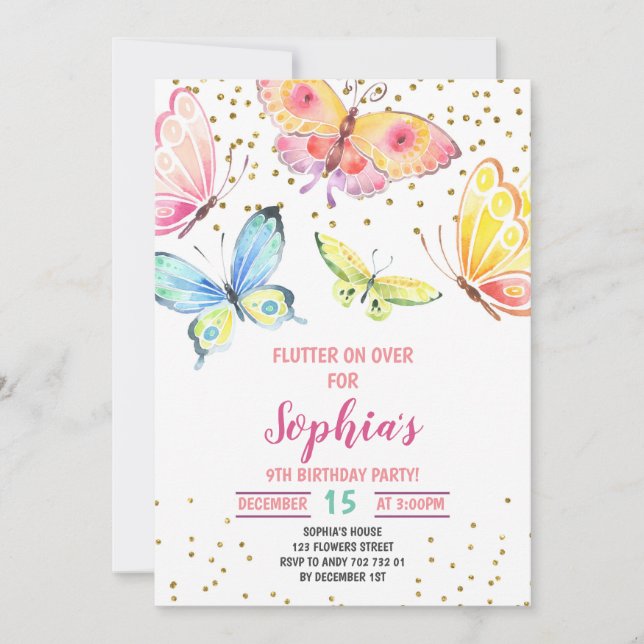 Invitation Papillon Printemps été fille anniversaire Invitati (Devant)