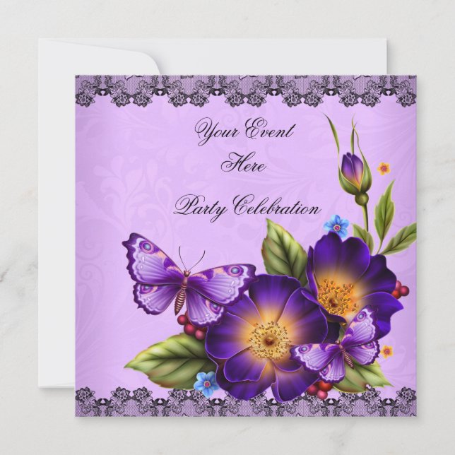 Invitation Papillon Purple Black Lace Fleur Damask Party (Devant)