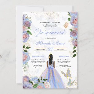 Invitation Papillon Quinceanera bleu et rose pâle Roses