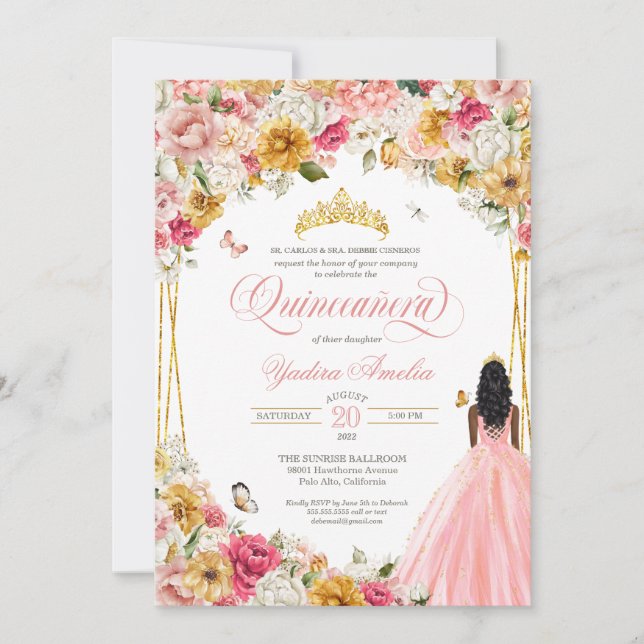 Invitation Papillon Quinceanera Blush rose et jaune Floral (Devant)