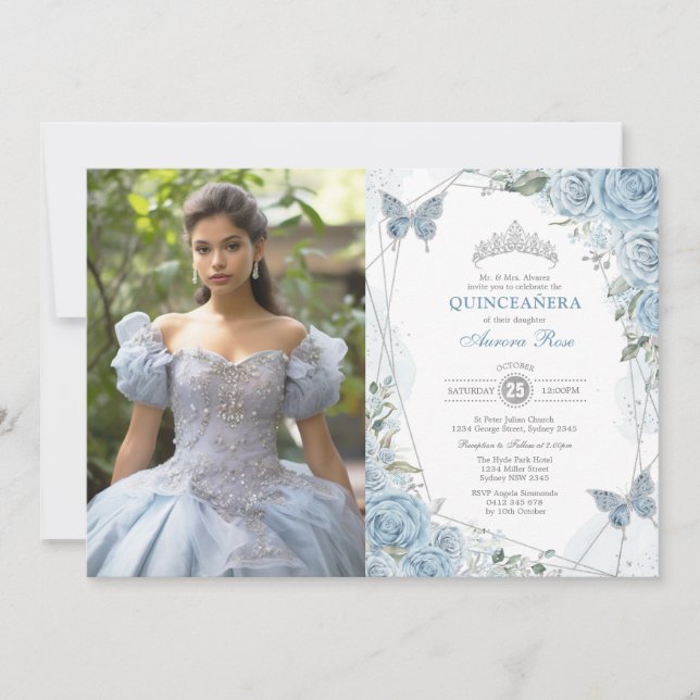 Invitation Papillon Quinceañera en argent bleu Dusty (Devant)