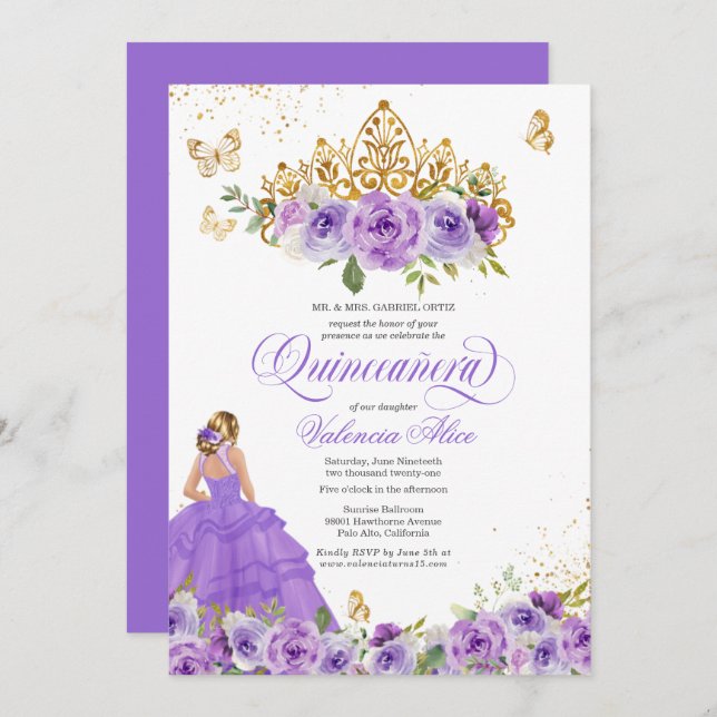 Invitation Papillon Quinceañera + Fleurs d'aquarelle violette (Devant / Derrière)
