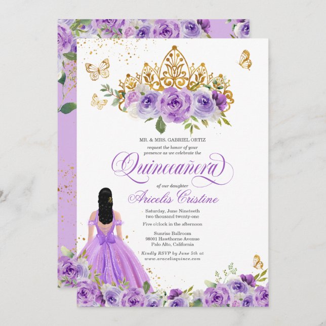 Invitation Papillon Quinceañera & Fleurs d'aquarelle violette (Devant / Derrière)