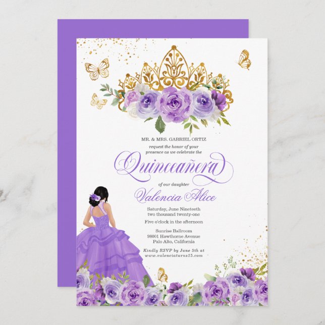 Invitation Papillon Quinceañera + Fleurs d'aquarelle violette (Devant / Derrière)