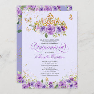 Invitation Papillon Quinceañera & Fleurs d'aquarelle violette