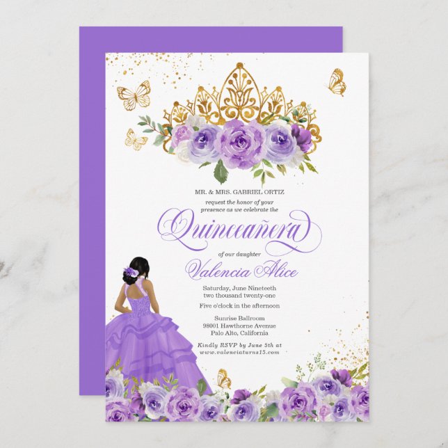 Invitation Papillon Quinceañera + Fleurs d'aquarelle violette (Devant / Derrière)