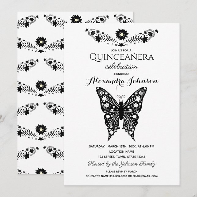Invitation Papillon Quinceanera Noir & Blanc 15e Anniversaire (Devant / Derrière)