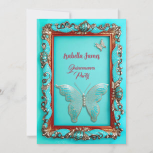 Invitation papillon Quinceanera, or turquoise de luxe