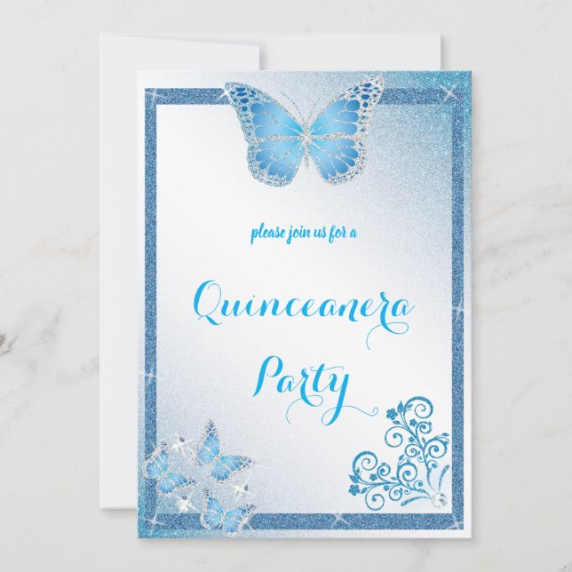 Invitation papillon quinceanera parties scintillant bleue élé (Devant)