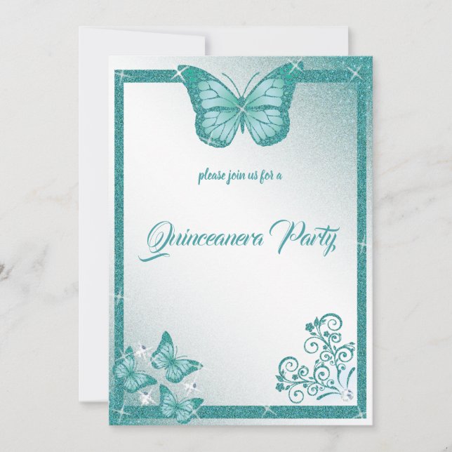 Invitation papillon quinceanera parties scintillant turquoise (Devant)