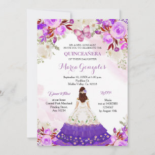 Invitation Papillon quinceanera violet de la princesse mexica