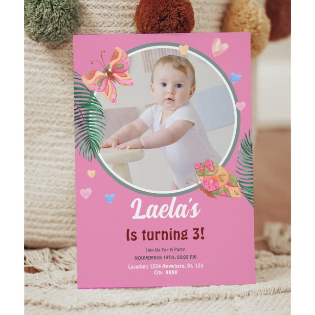 Invitation papillon rose 1er anniversaire avec pho (1st Birthday Invitation,
Butterfly Birthday Invitation,
Pink and Green Birthday Invitation,

Photo)