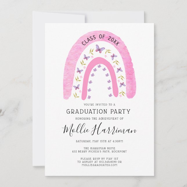 Invitation Papillon rose Boho Rainbow Girly Graduation (Devant)