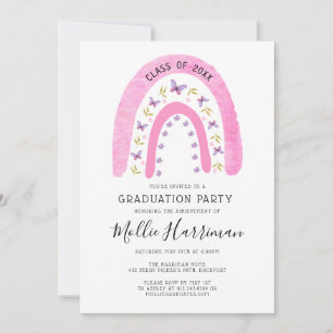 Invitation Papillon rose Boho Rainbow Girly Graduation
