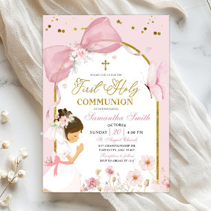 Invitation Papillon Rose Coquette Fille Première Sainte Commu