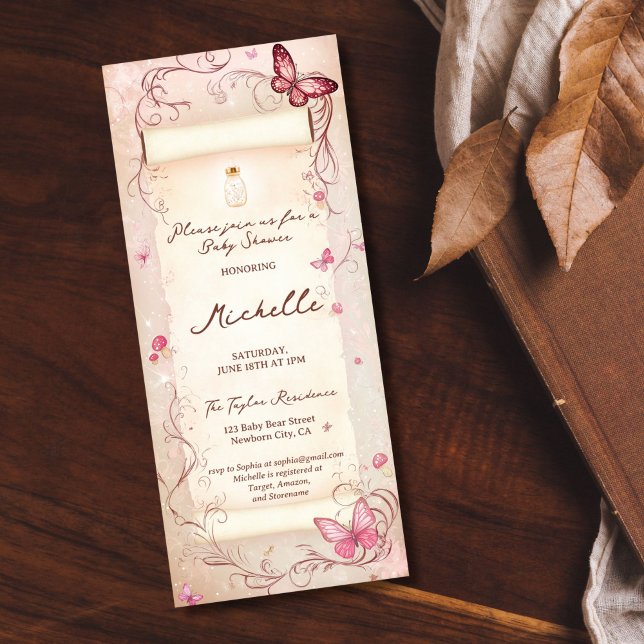 Invitation Papillon rose Dusty Enchanted Forest Scroll Baby (dusty pink enchanted forest scroll parchment)