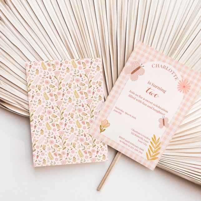 Invitation Papillon rose En vichy aux fleurs Anniversaire (Créateur téléchargé)