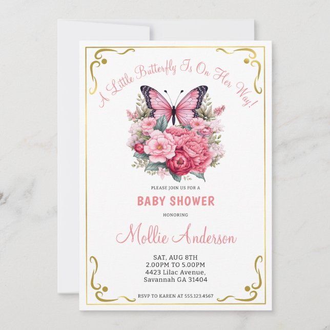 Invitation Papillon rose et Baby shower de fleurs (Devant)