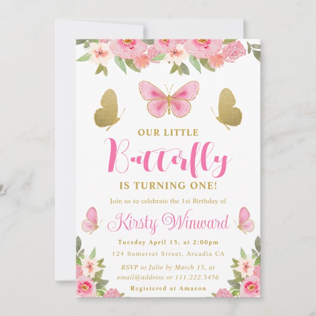 Invitation Papillon rose et or Fleur Fille 1er Anniversaire (Devant)