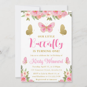 Invitation Papillon rose et or Floral Girl 1er anniversaire