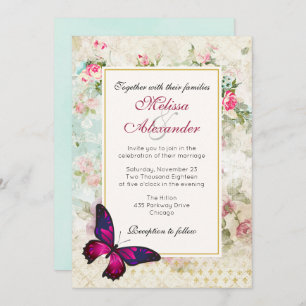 Invitation Papillon rose et Rose Vintage Mariage Collage