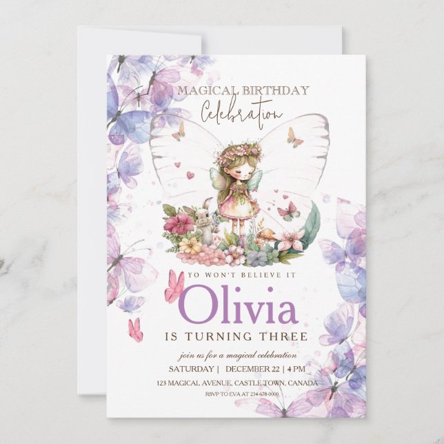 Invitation Papillon rose et violet 3e anniversaire (Devant)