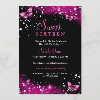 Invitation Papillon rose étincelle Diamond Sweet 16 Invitatio