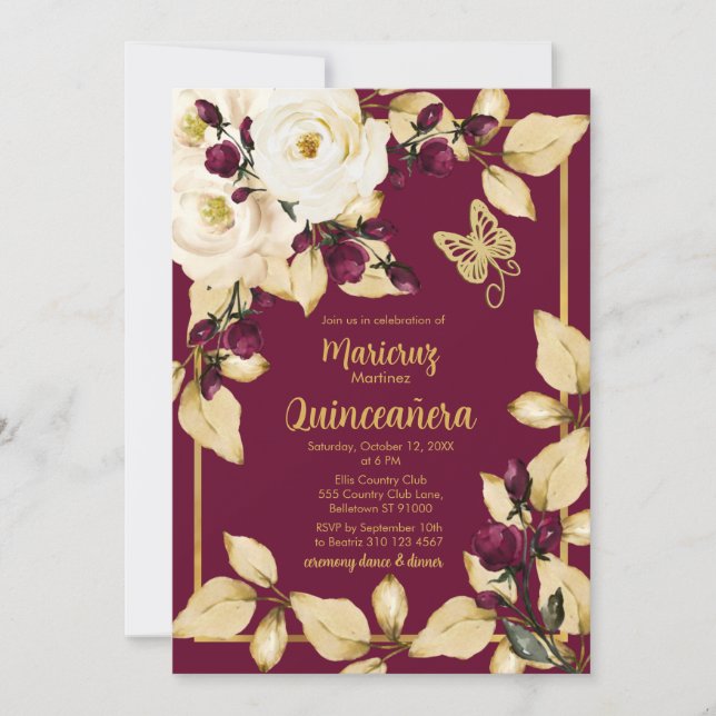 Invitation Papillon Rose Feuille d'or de Bourgogne et Champag (Devant)