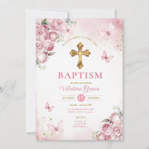 Invitation Papillon rose Fille Baptême Croix d'or fleurs