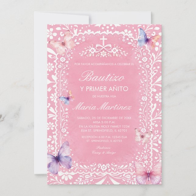 Invitation Papillon Rose Fille Espagnole Bautizo Et Premier A (Devant)