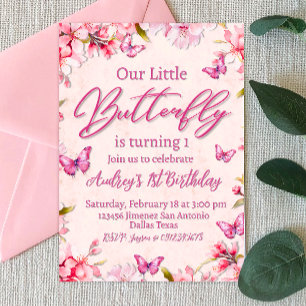 Invitation Papillon rose Fille Florale Anniversaire