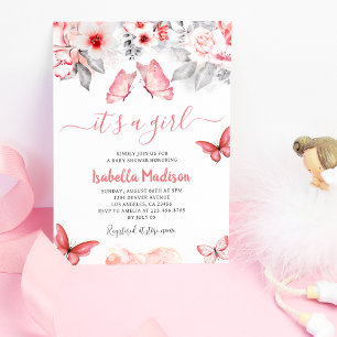 Invitation Papillon rose floral Baby Girl Douche