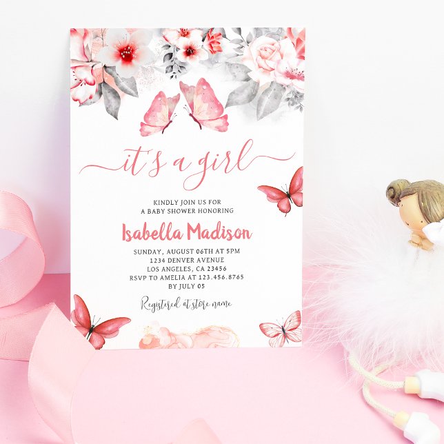 Invitation Papillon rose floral Baby Girl Douche (Pink Floral Butterfly Baby Girl Shower Invitation
)