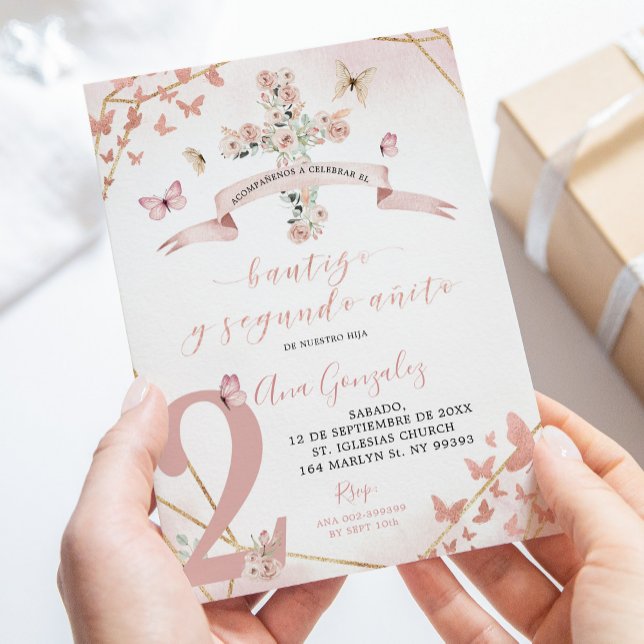 Invitation Papillon rose floral espagnol Baptême 2e anniversa (Créateur téléchargé)