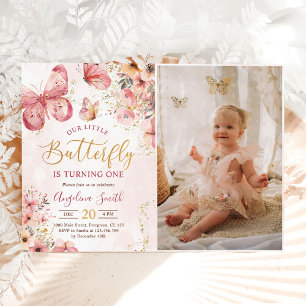 Invitation Papillon rose floral fille 1er anniversaire Photo