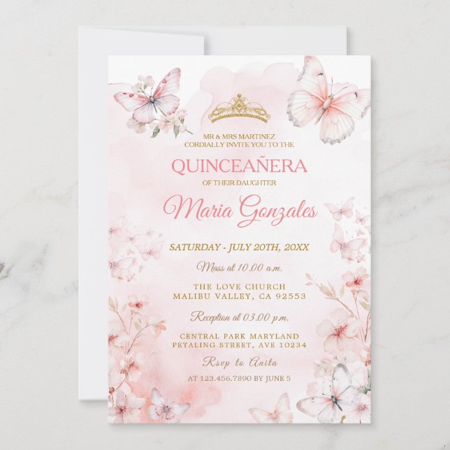 Invitation Papillon rose Floral Quinceañera (Devant)